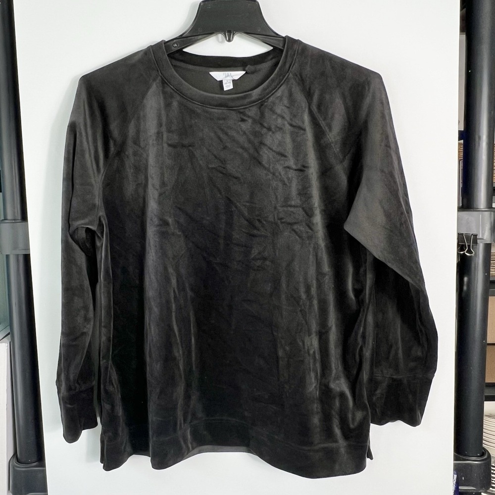 Time Tru Womens Size L Black Velour Long Sleeve Pullover Top Casual Lounge EUC